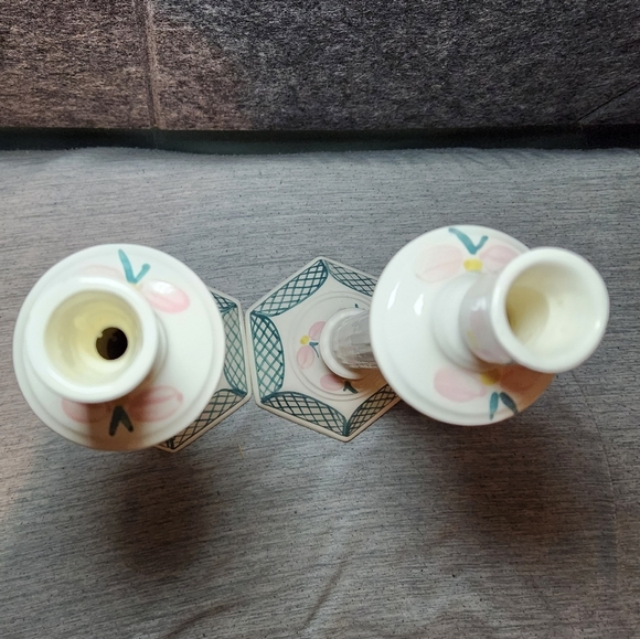 Signed Hand-Painted Ceramic Candlesticks Pink Green Flowers Lattice Design 12" - Picture 6 of 10